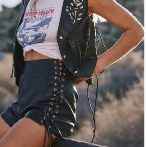12th Tribe Black Faux Leather Lace-Up High-Waist Shorts
